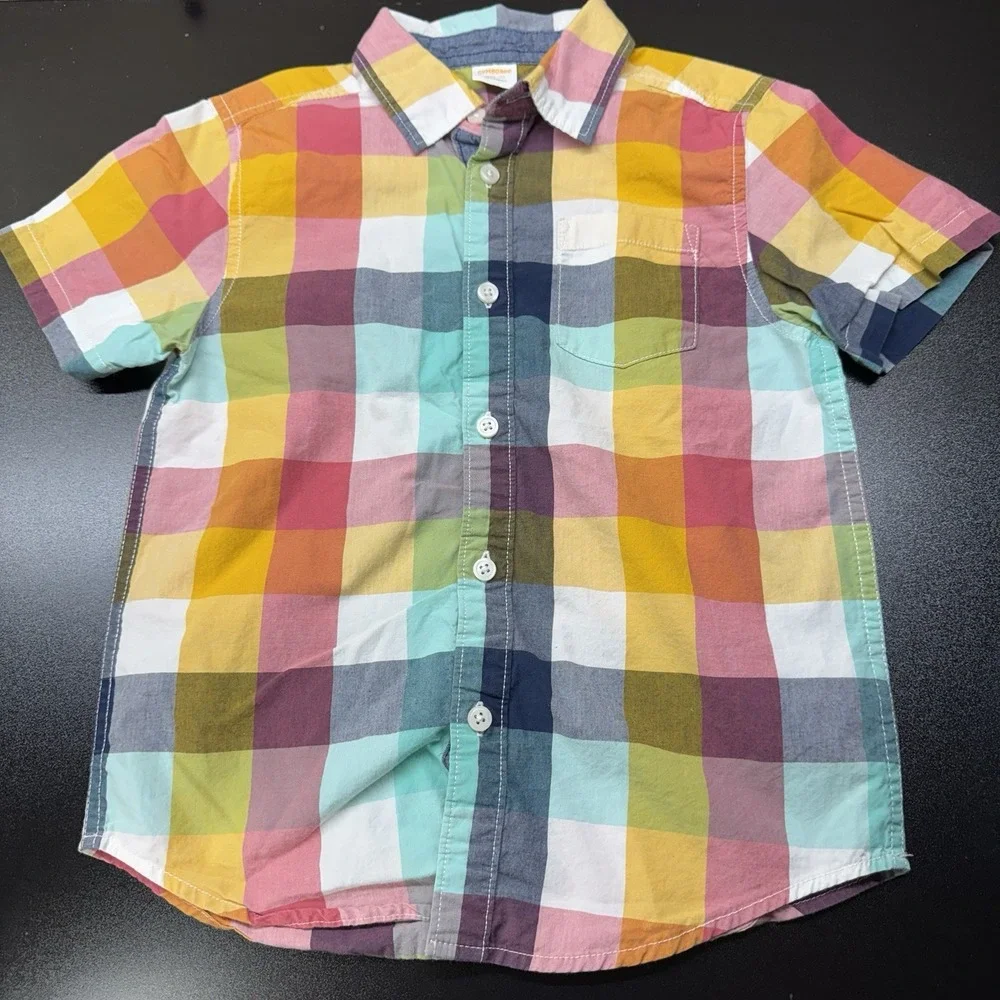 Gymboree Boys Rock Yellow‎ Blue Magenta Checkered Shirt Size S 5/6 Short Sleeve